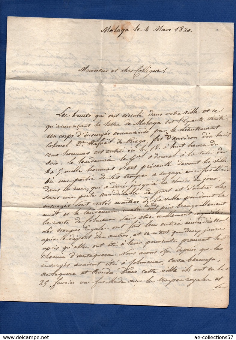 Lettre De Malaga -  Pour Alicante --4 Mars 1820  - Consul De France - Racontant La Révolte De La Ville - ...-1850 Préphilatélie