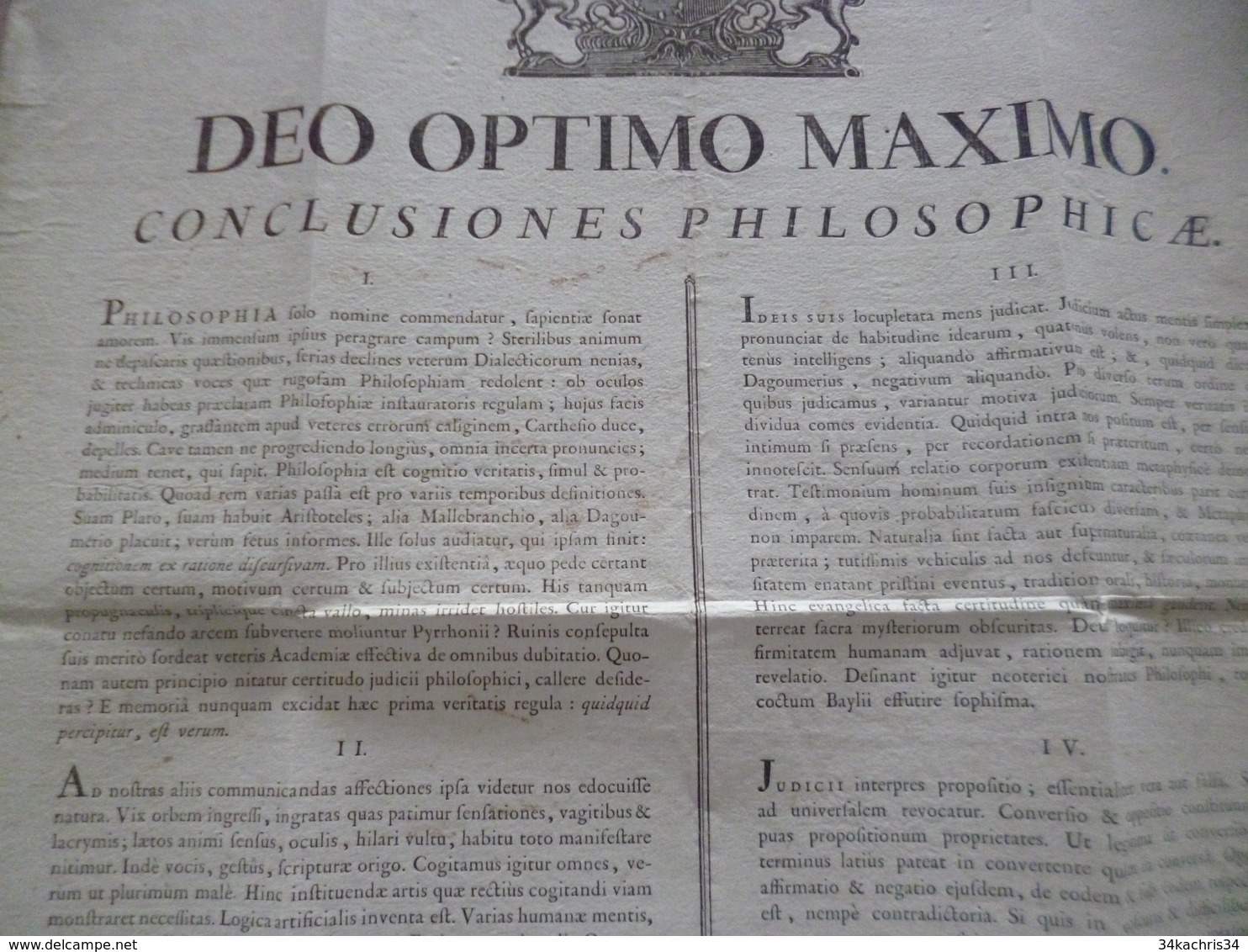 Affiche Placcard 1781 En Latin 40 X 50 Deo Optimo Maximo Conclusiones Philosophivae Vignette Licorne Philosophie? - Posters