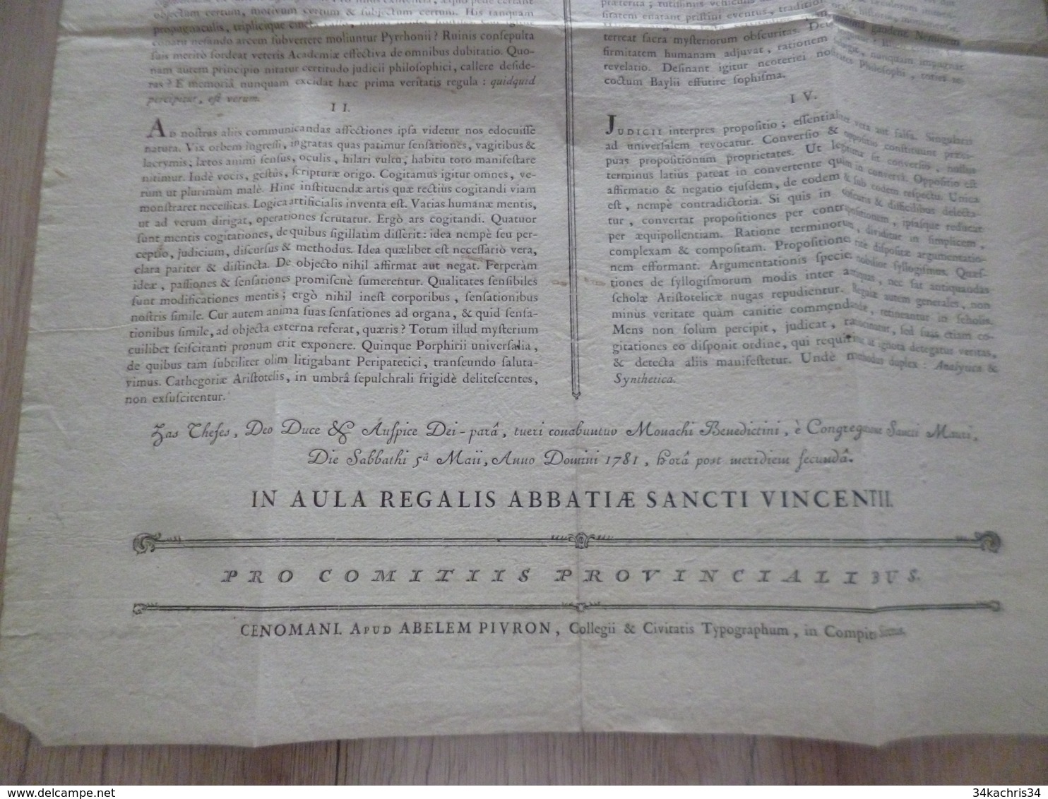 Affiche Placcard 1781 En Latin 40 X 50 Deo Optimo Maximo Conclusiones Philosophivae Vignette Licorne Philosophie? - Afiches