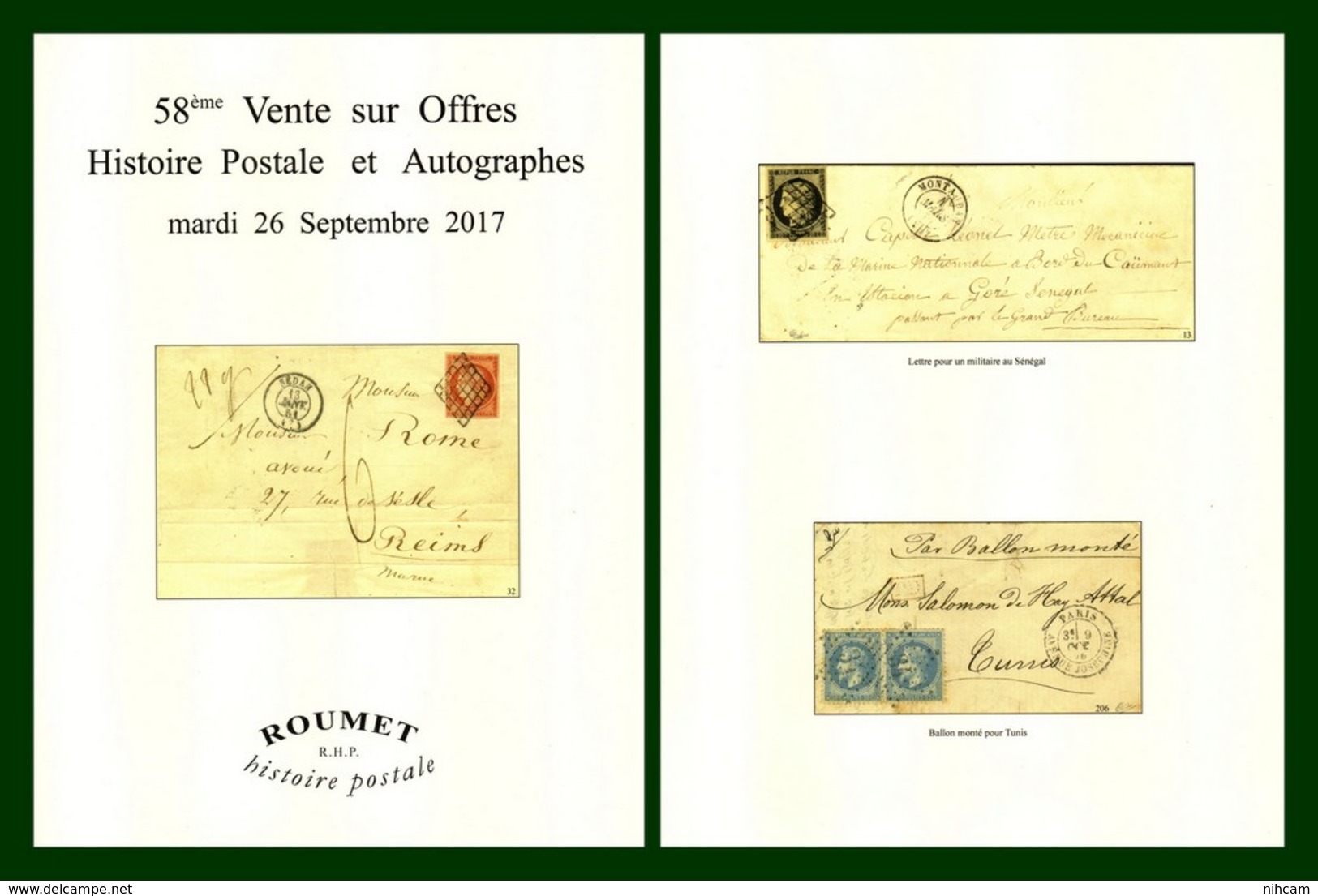 Catalogue 58éme Vente Sur Offres Roumet 2017 Histoire Postale Et Autographes - Catalogi Van Veilinghuizen