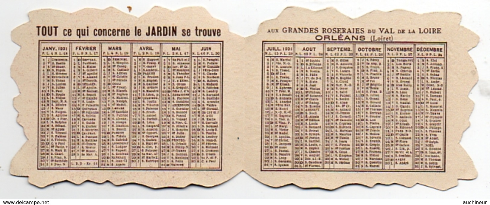 Calendrier De Poche 1931, Grandes Roseraies Du Val De La Loire Orléans 8,2 X 6,5 Cm - Petit Format : 1921-40