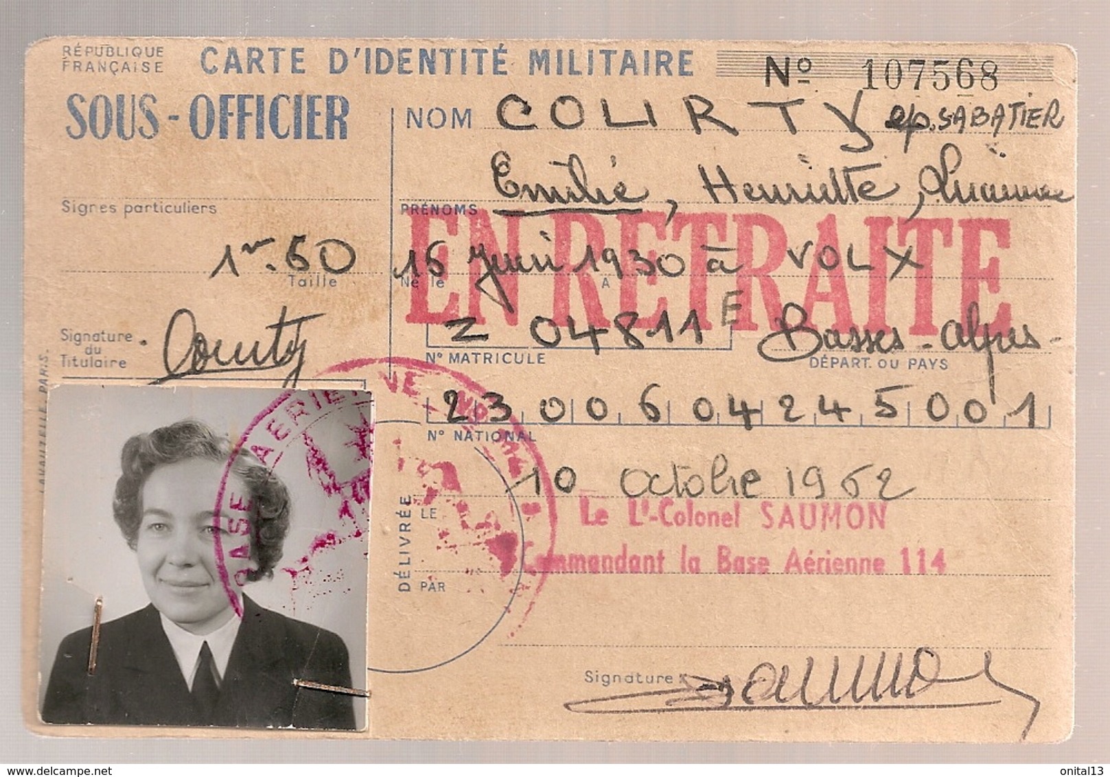 1952  CARTE D'IDENTITE MILITAIRE SOUS OFFICIER ARMEE DE L'AIR     B651 - Documents