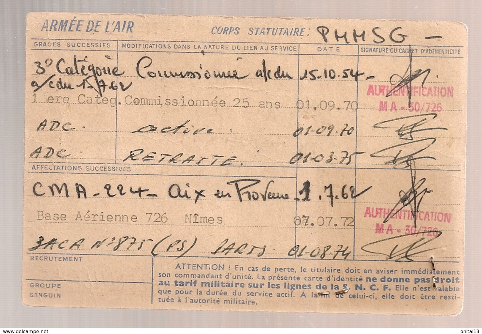 1952  CARTE D'IDENTITE MILITAIRE SOUS OFFICIER ARMEE DE L'AIR     B651 - Documents