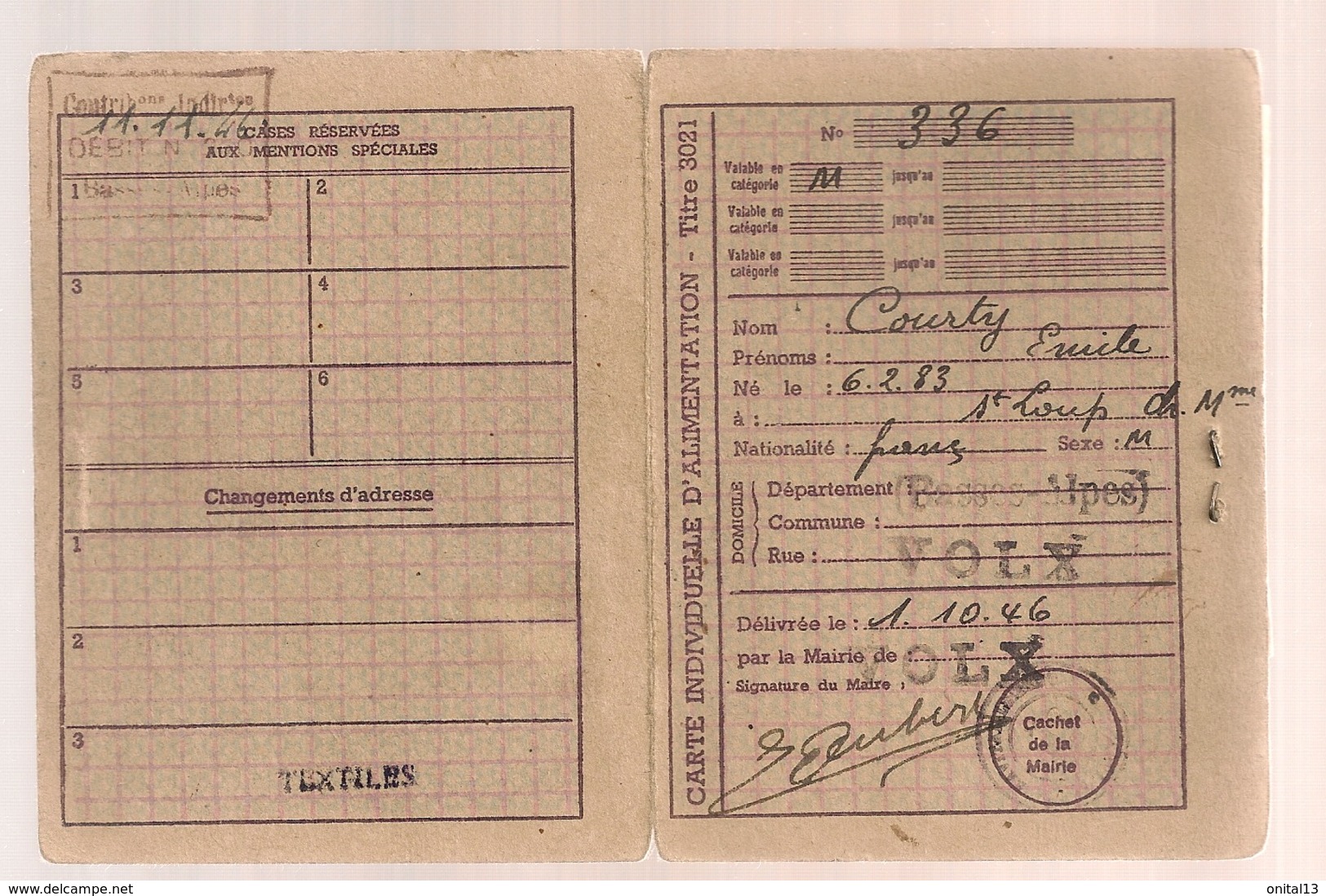 1946 CARTE INDIVIDUELLE D'ALIMENTATION  / VOLX BASSES ALPES   B653 - Documents Historiques