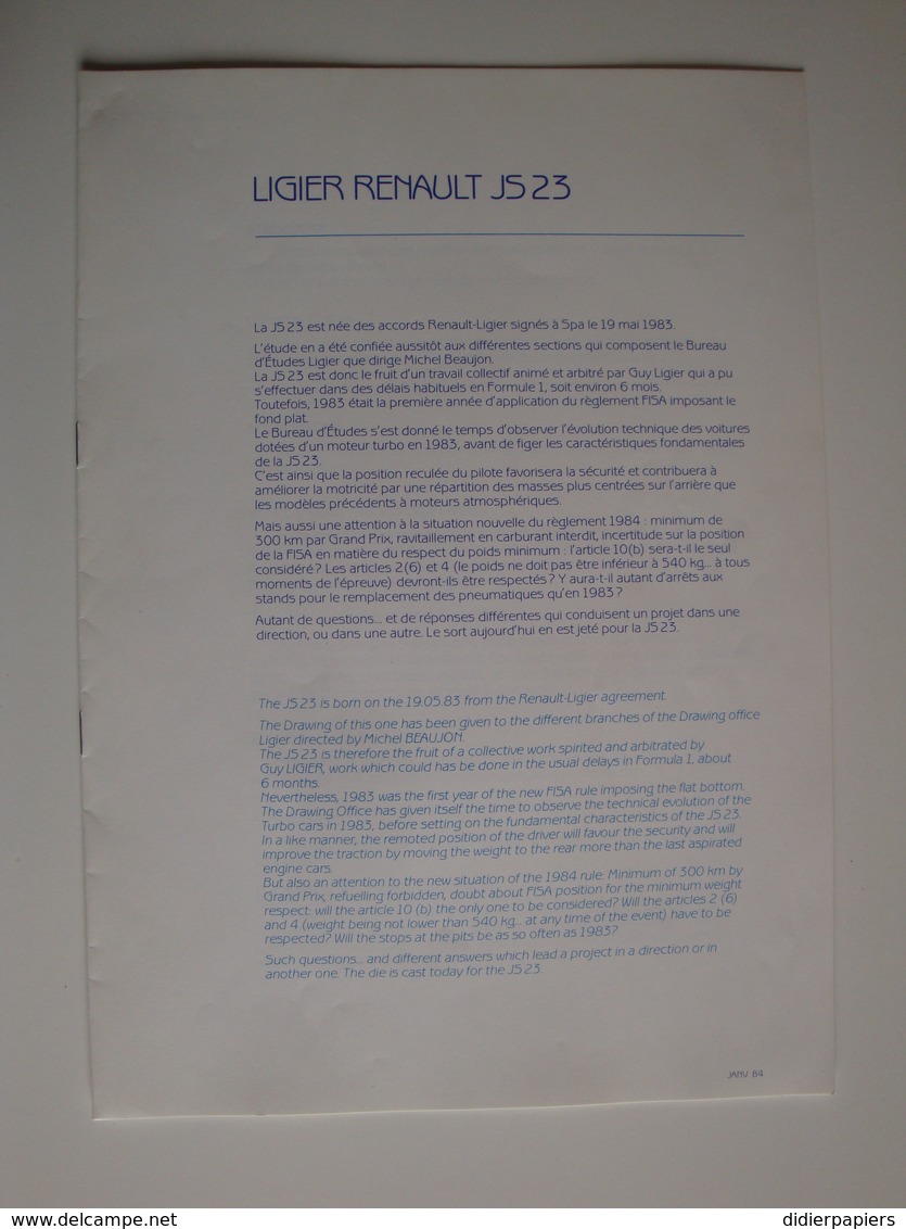 Dossier De Presse Complet LIGIER En Formule 1- 1983 - Automobilismo