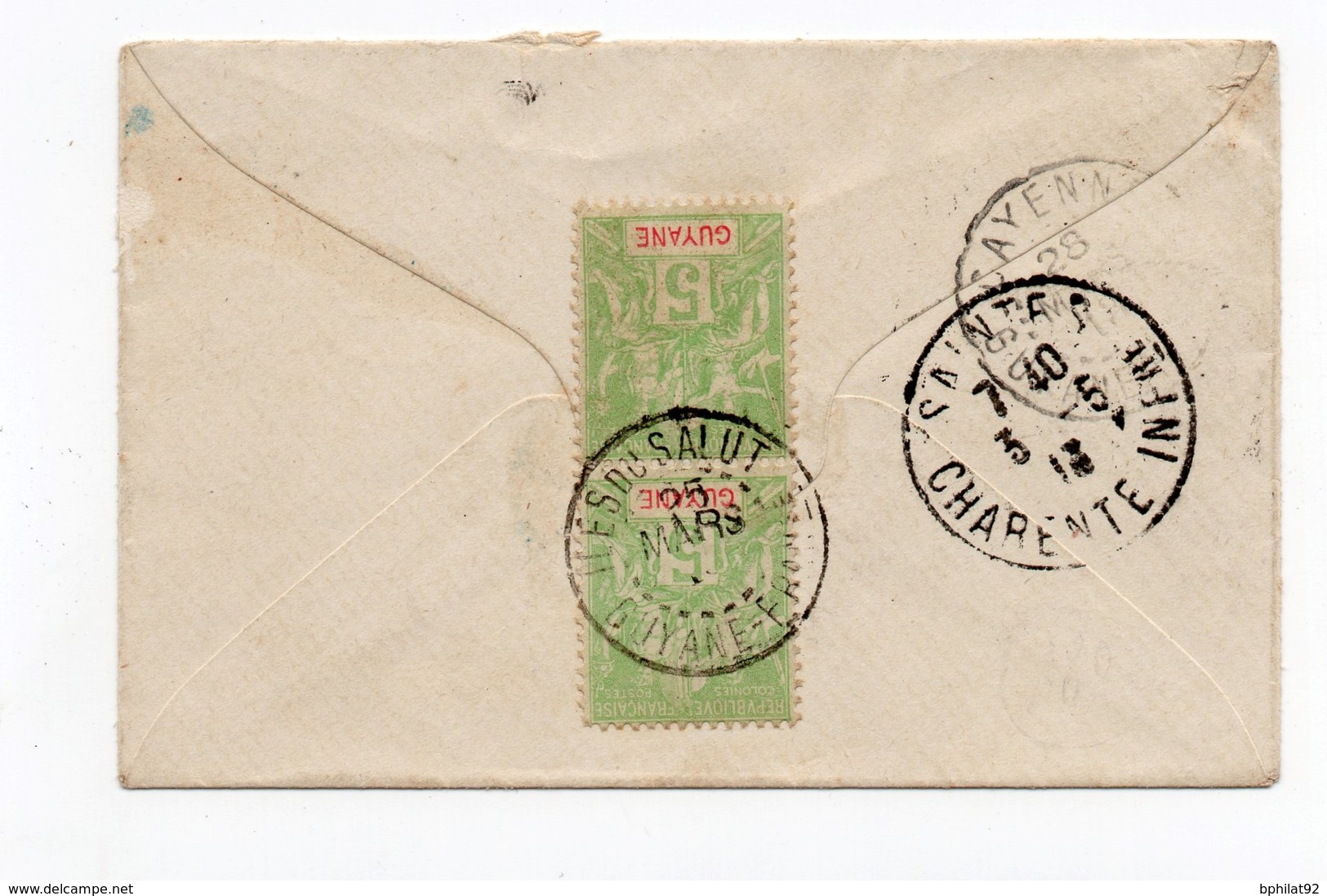 !!! PRIX FIXE : GUYANE, LETTRE DE 1913 POUR SAINTES, CACHET ILES DU SALUT (BLOC DATEUR ECHOPPE). TIMBRES AU DOS - Lettres & Documents