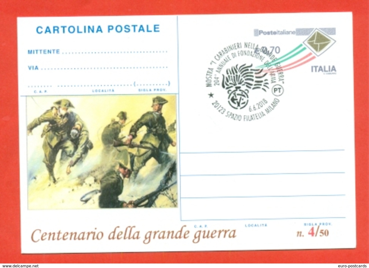 INTERI POSTALI-CARTOLINE POSTALI SOPRASTAMPA PRIVATA-CARABINIERI-MILANO-MILITARI-MOSTRE-CENTENARIO GRANDE GUERRA - Interi Postali