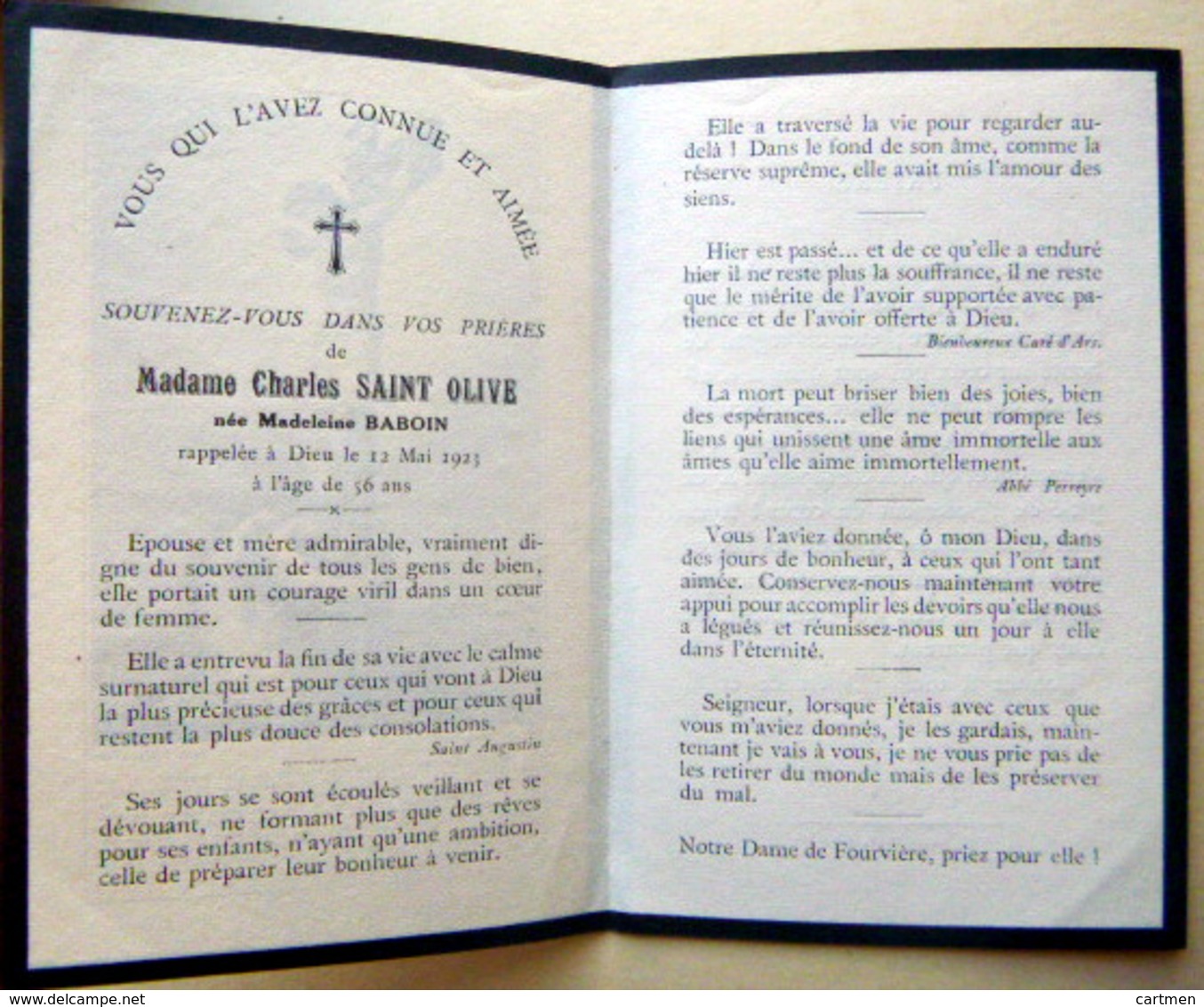 MEMORANDUM  SOUVENIR  CHARLES SAINT OLIVE  NEE MADELEINE BABOUIN   FAIRE PART DECES - Décès