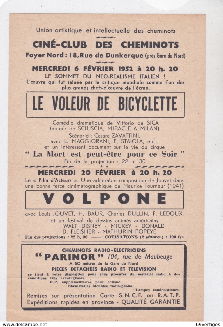 CINE CLUB DES CHEMINOTS, Paris, Programme Ciné Mois De Février 1952, Le Voleur De Bicyclette Et Volpone - Programmes
