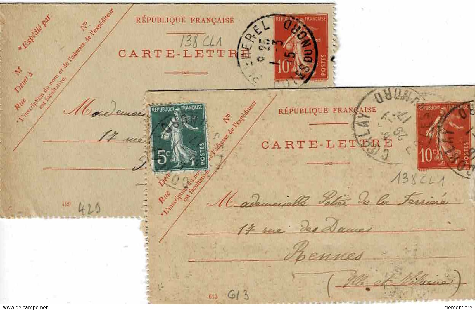 2 Cartes 138 CL 1 , Dates 613 Et 429, 111 X 70 Mm,de Bêcherel Et Corlay Pour Rennes - Kartenbriefe