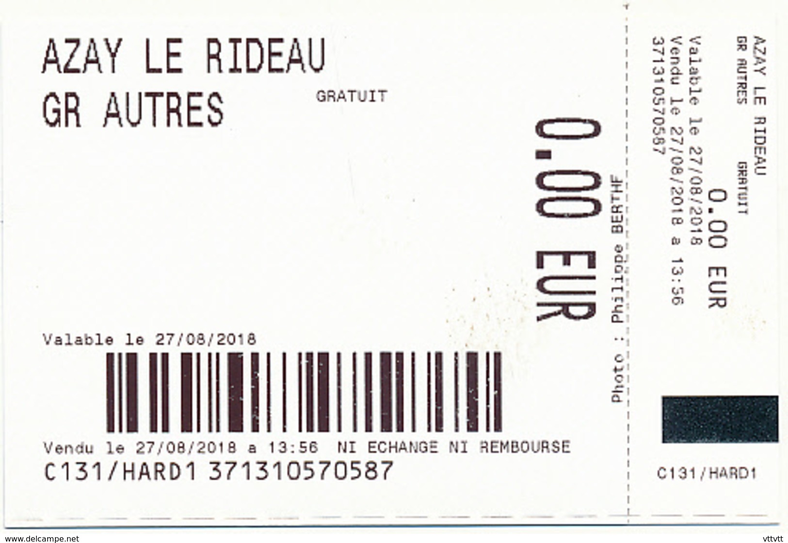 Ticket D&acute;entrée : Château D' Azay-le-Rideau (Indre-et-Loire), 2 Scans, TBE - Tickets D'entrée