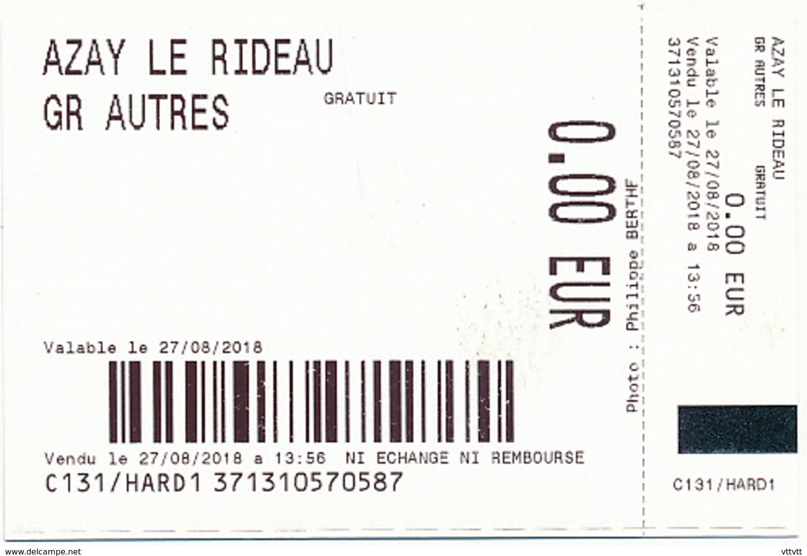 Ticket D&acute;entrée : Château D' Azay-le-Rideau (Indre-et-Loire), 2 Scans, TBE - Tickets - Vouchers