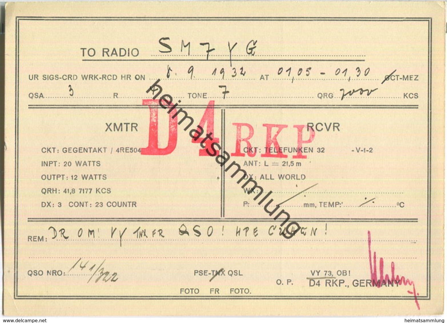 QSL - QTH - D4RKP - 1932 - Radio Amatoriale