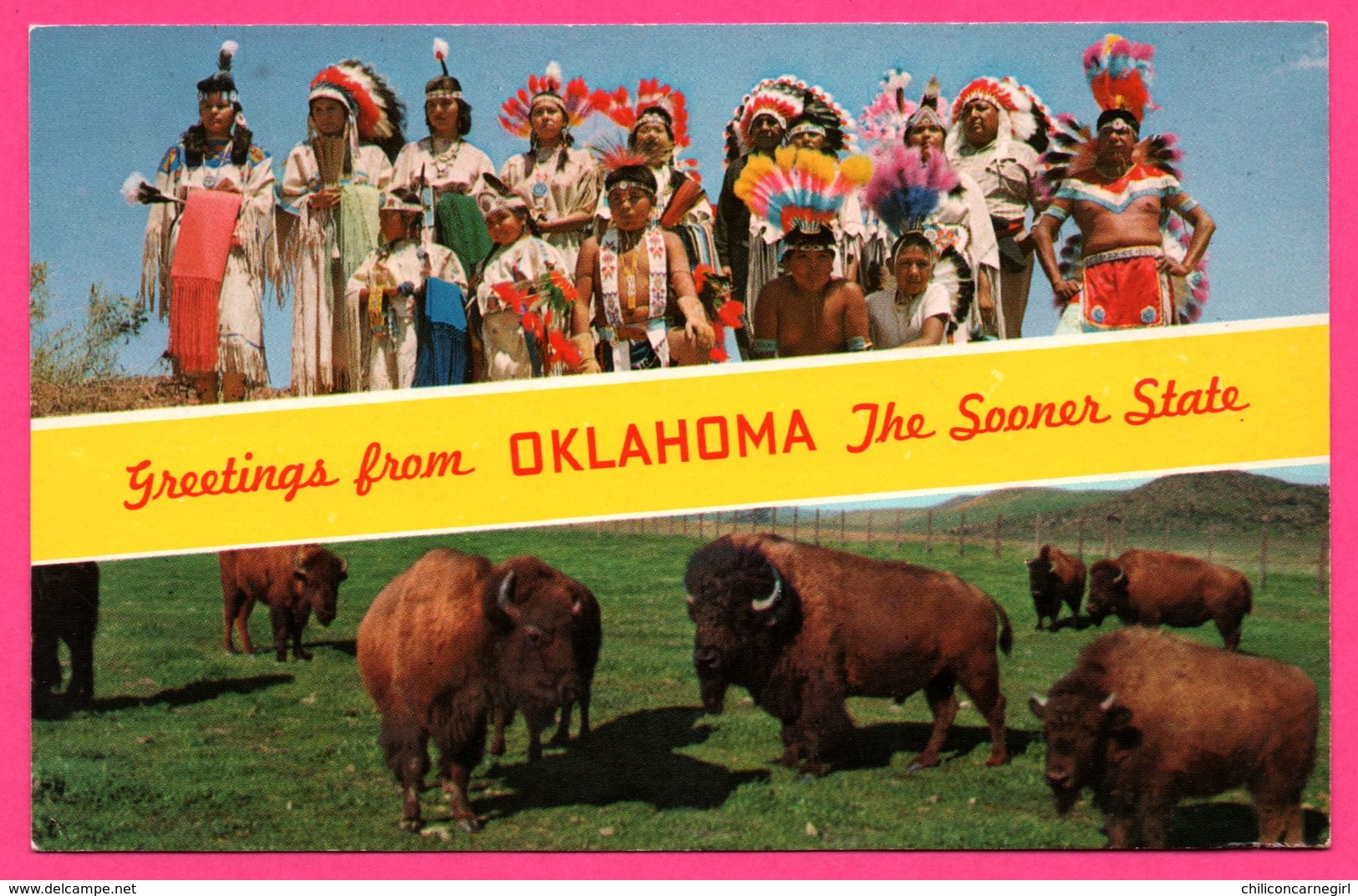 Greetings From OKLAHOMA - The Sooner State - Top Indians In Ceremonial Dress - Bottom Buffalo Herd - Edit. MIRRO KROME - Autres & Non Classés