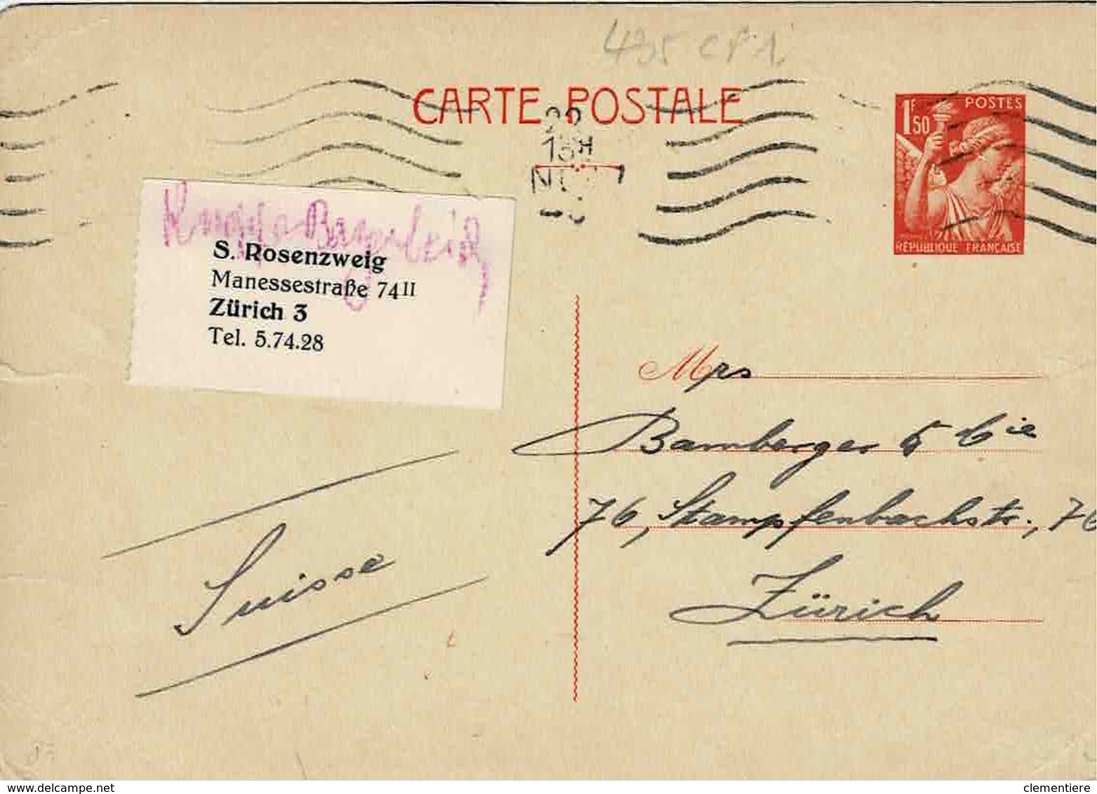 Carte 435 CP 1 , Pas De Date, 149 X 103 Mm,  De Lyon Pour Zürich - Standard Postcards & Stamped On Demand (before 1995)