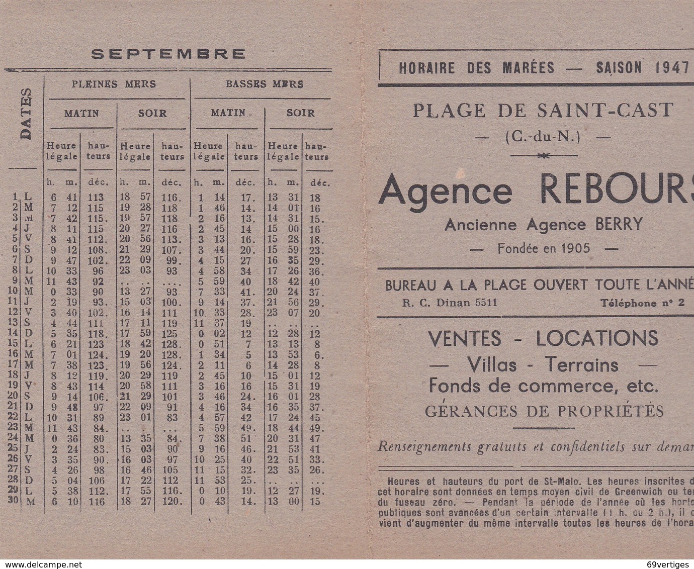 Agence REBOURS, Plage De Saint Cast, Publicité Avec Calendrier Des Marées 1947 - Pubblicitari