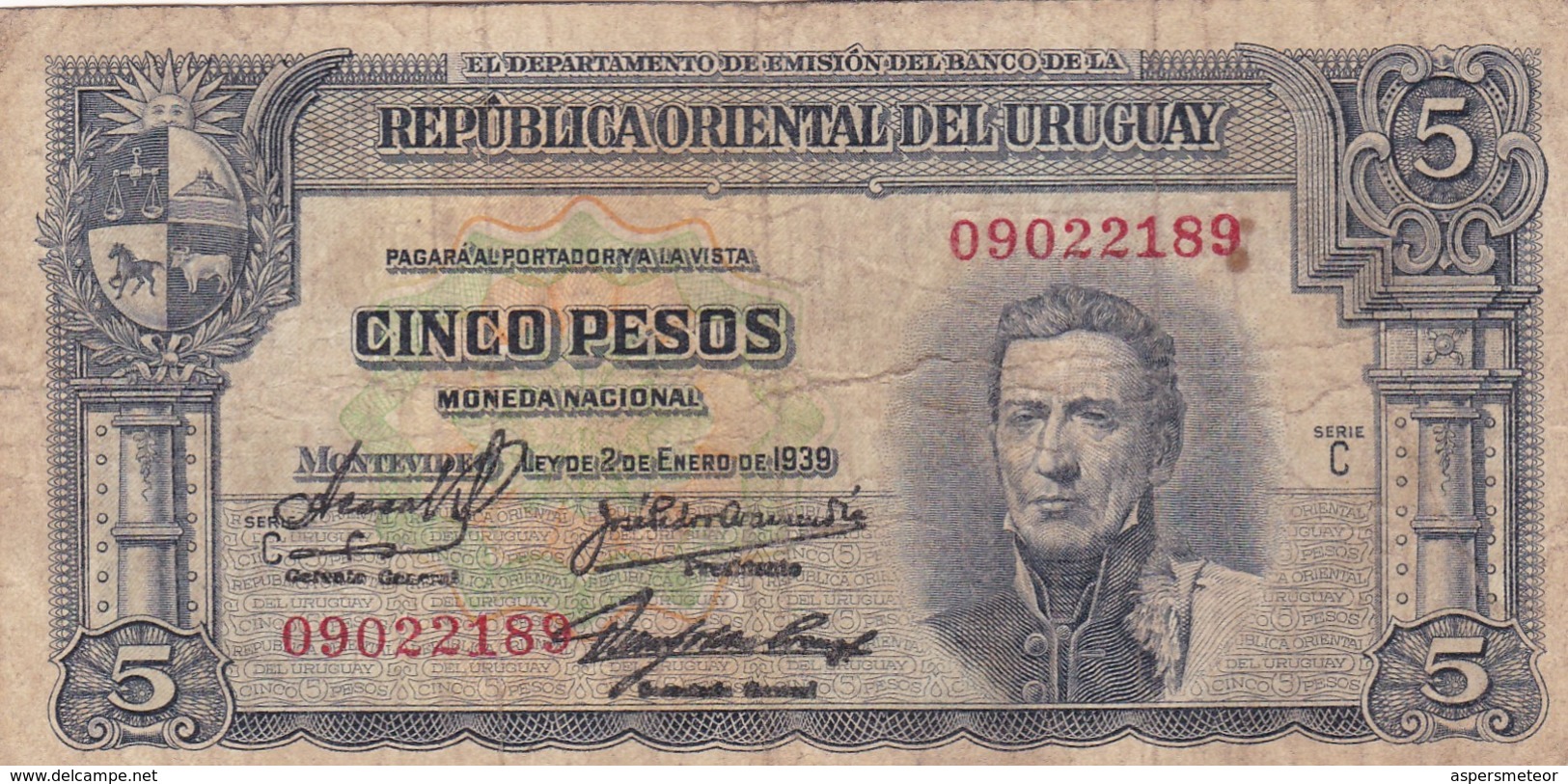 CINCO PESOS. URUGUAY. CIRCA 1940s-BILLETE BANKNOTE BILLET NOTA-BLEUP - Uruguay