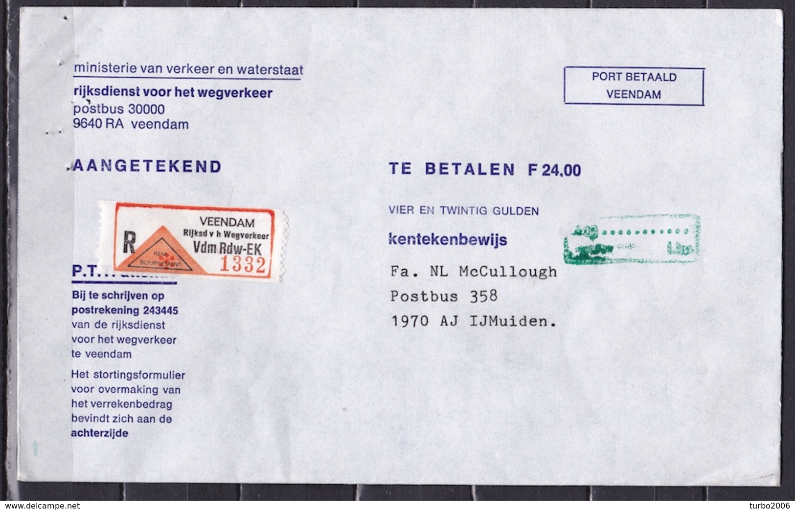 Ca. 1990 Aangetekende (Remboursement) Envelop Rijksdienst Voor Het Wegverkeer Veendam Naar IJmuiden - Poststempels/ Marcofilie