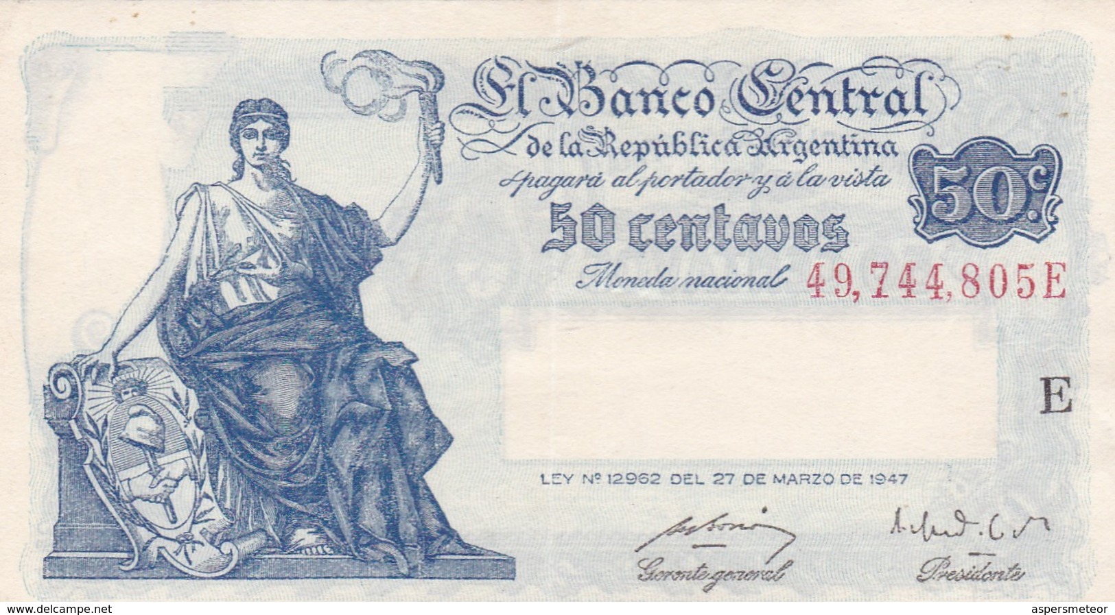 CINCUENTA CENTAVOS ARGENTINE. SERIE E CIRCA 1890s-BILLETE BANKNOTE BILLET NOTA-BLEUP - Argentinië