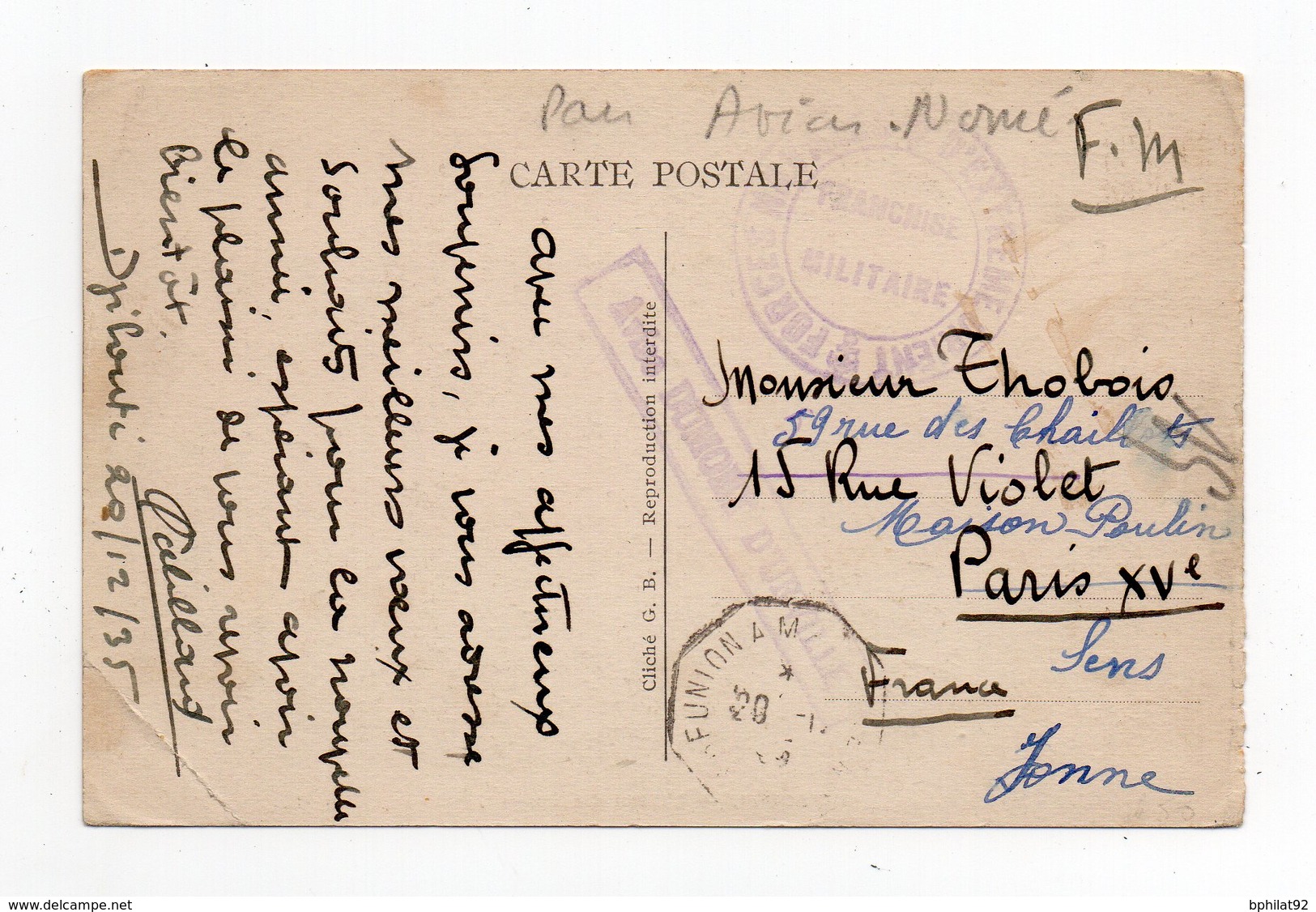 !!! PRIX FIXE : COTE DES SOMALIS, CPA DE 1935 EN FRANCHISE MILITAIRE, GRIFFE AVISO DUMONT D'URVILLE - Brieven En Documenten