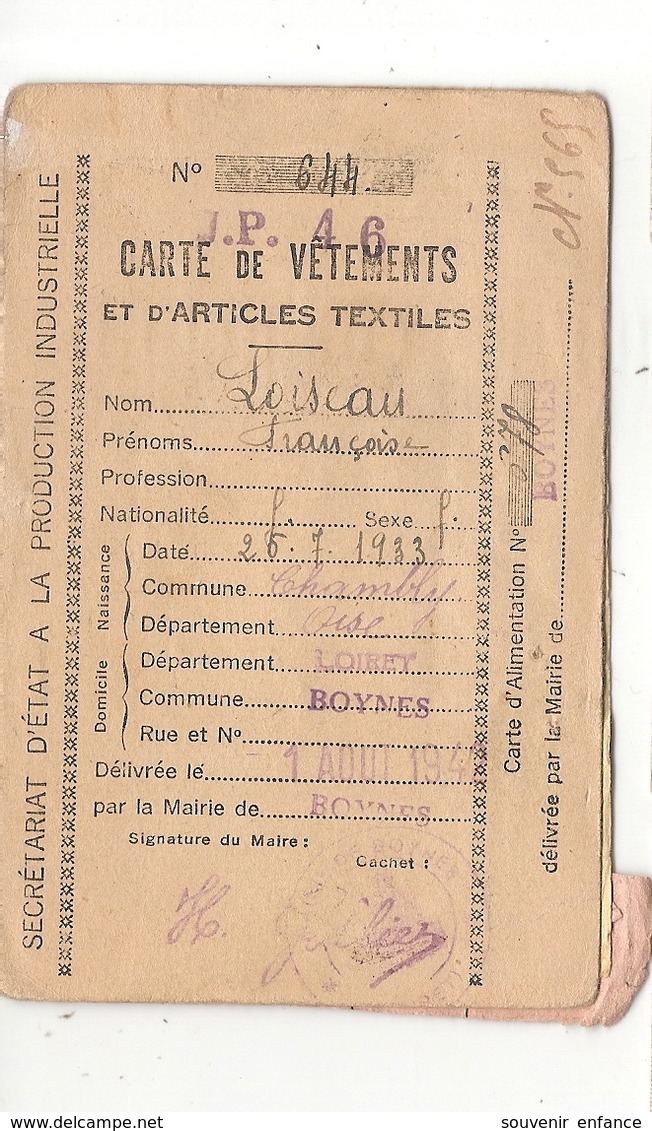 Carte De Vêtements  1942 WW2 Boynes Loiret Guerre Chambly 60 Oise - Documents Historiques