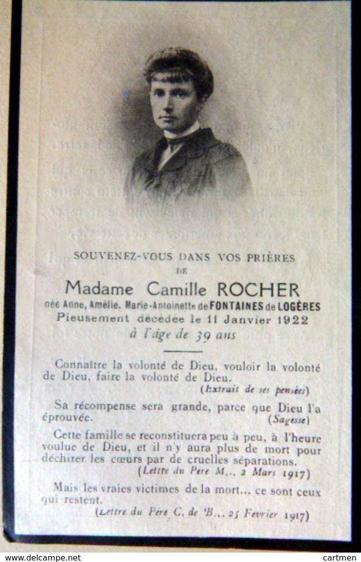 MEMORANDUM  SOUVENIR  MADAME CAMILLE ROCHER NEE DE FONTAINES DE LOGERES   FAIRE PART DECES - Obituary Notices