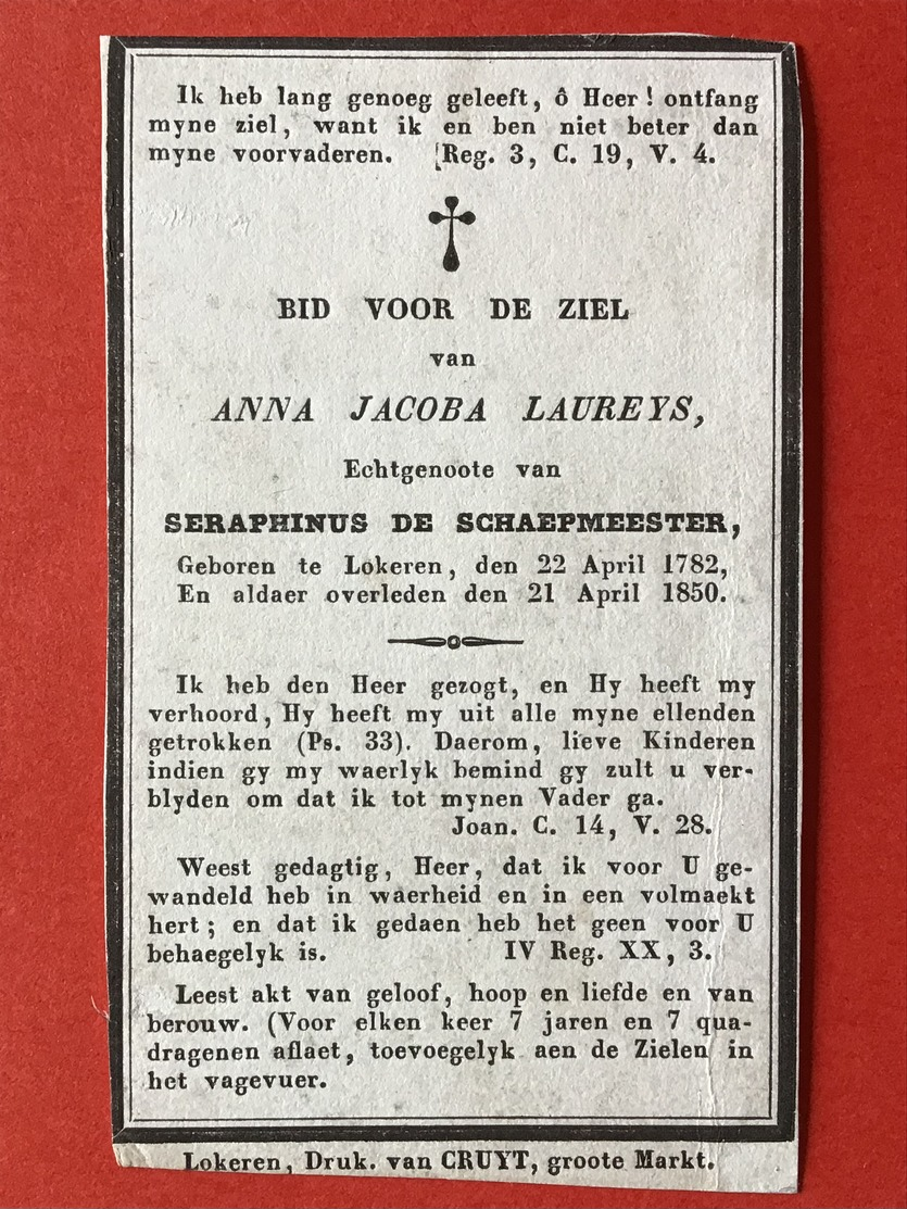 Anno 1850 - ANNA JACOBA LAUREYS Echtg SERAPHINUS DE SCHAEPMEESTER - LOKEREN 1782 - 1850 - Images Religieuses