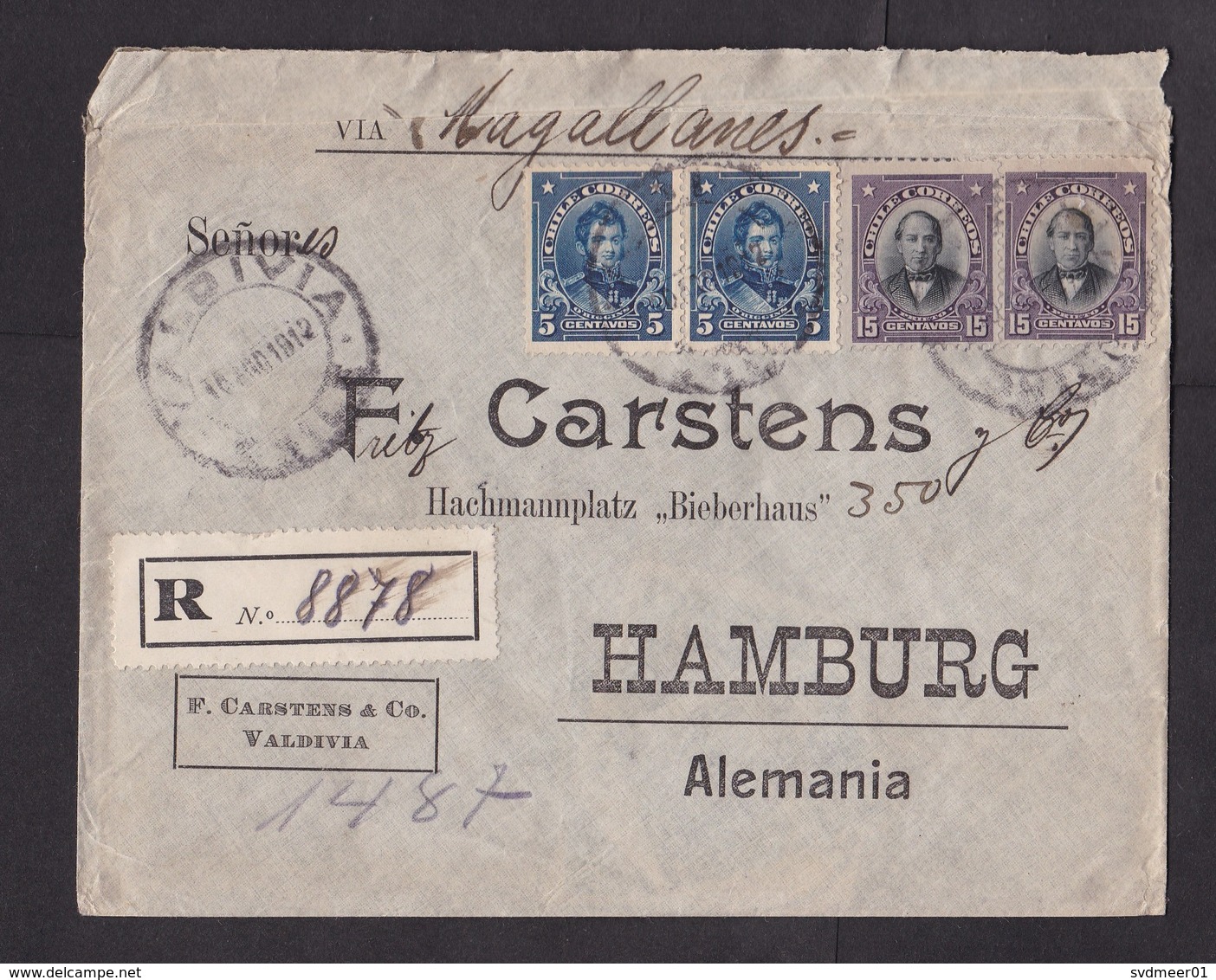 Chile: Registered Cover To Germany, 1912, 4 Stamps, Via Magellanes, R-label, Wax Seal (minor Damage, See Scan) - Chili