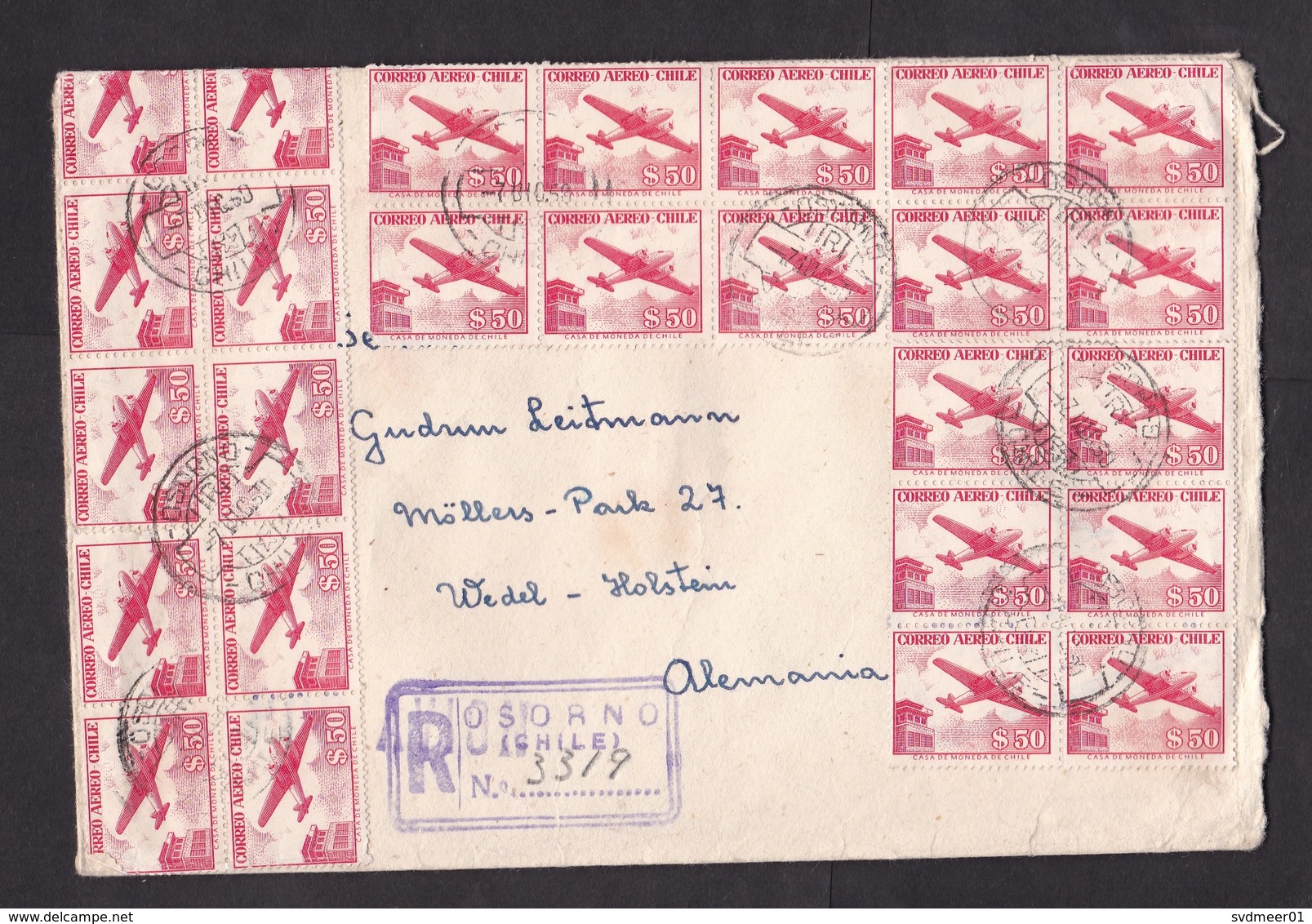 Chile: Registered Cover To Germany, 1960, 26 Stamps, Airplane, Inflation, Wax At Back (minor Damage, See Scan) - Chili