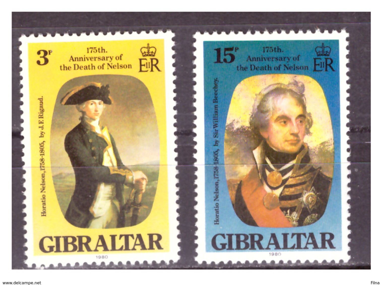 GIBRALTAR -  1980 - 175TH ANNIVERSARY OF NELSON'S DEATH. TWO VALUES. - MNH** - Gibraltar