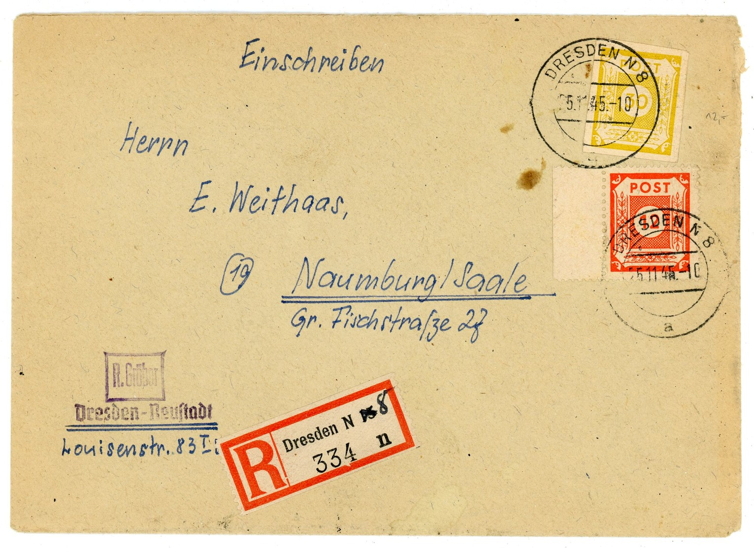 Ostsachsen MIF Nr. 30 Recobrief Aus "DRESDEN N 8" 1945 Nach Naumburg/Saale - Sonstige & Ohne Zuordnung