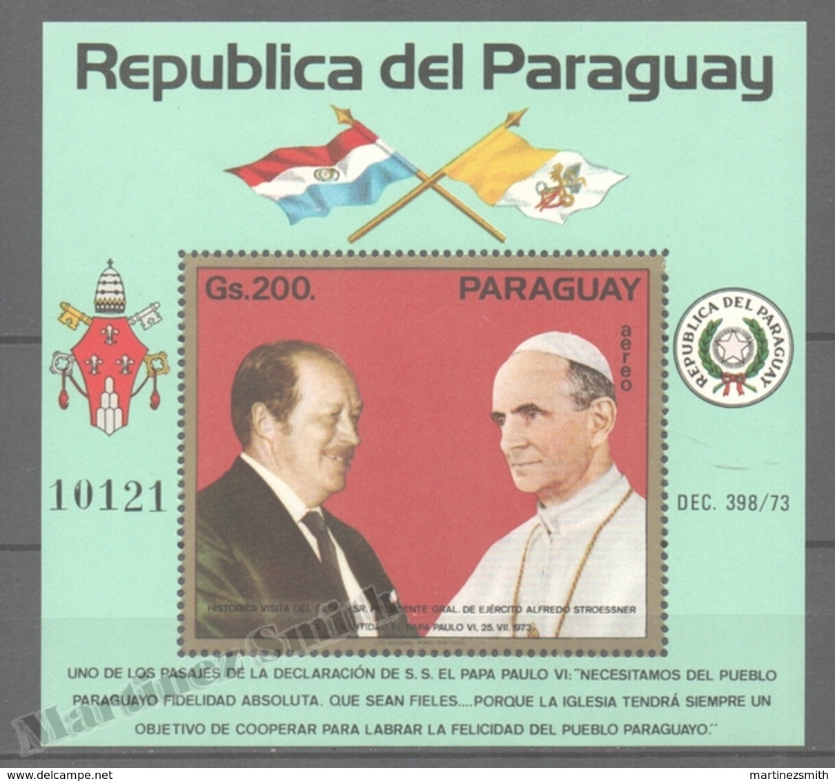 Paraguay 1974 Yvert BF 19, Visit Of The Predident To The Pope Paul VI - MNH - Paraguay