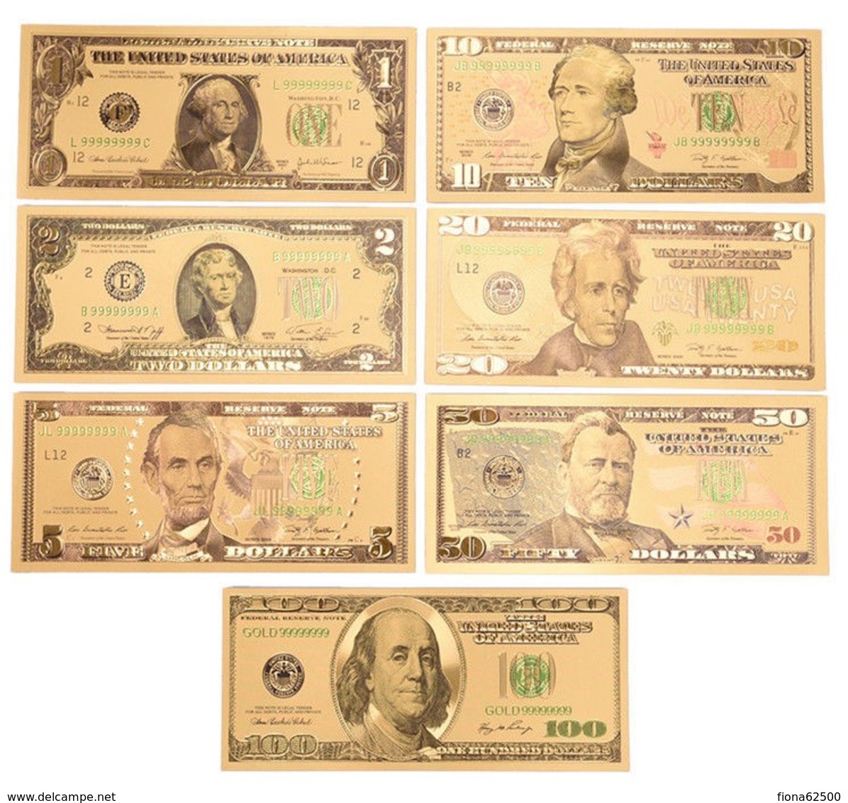 LOT DE 7 BILLETS PLAQUES COULEURS OR .  1/ 2/ 5/ 10/ 20 /50 /100 DOLLARS . NEUFS . - Autres & Non Classés