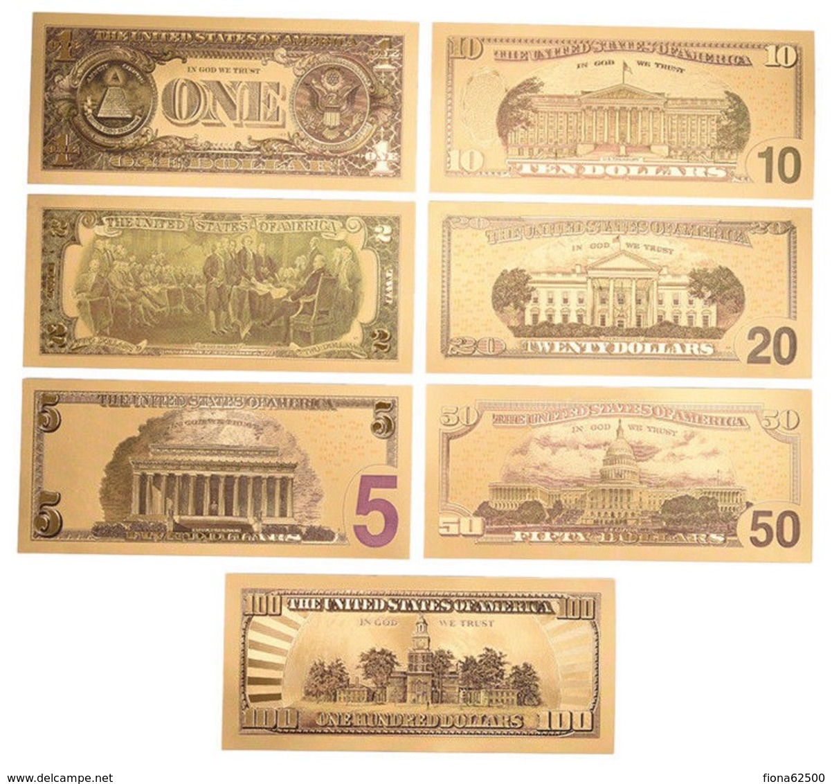 LOT DE 7 BILLETS PLAQUES COULEURS OR .  1/ 2/ 5/ 10/ 20 /50 /100 DOLLARS . NEUFS . - Autres & Non Classés