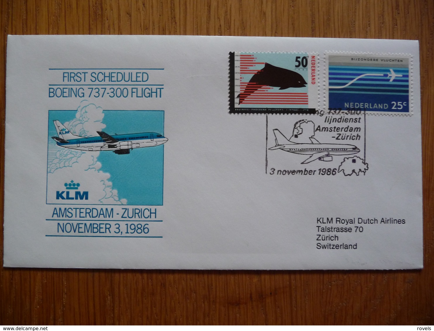 (D) NEDERLAND FDC FIRST SCHEDULED BOEING 737-300 FLIGHT AMSTERDAM ZURICH 03-11-1986 - FDC