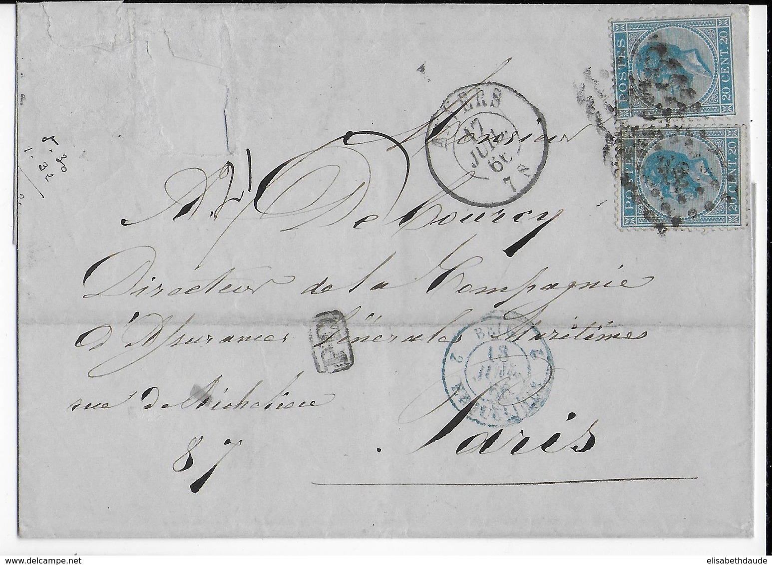 1866 - BELGIQUE - LETTRE De ANVERS => PARIS - 1865-1866 Profilo Sinistro