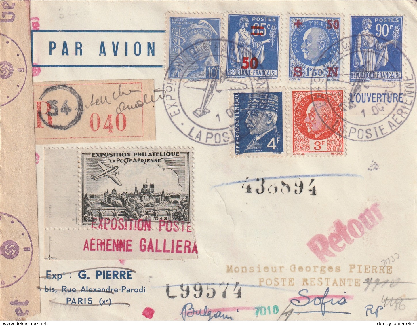 Lettre Recommandée De L'exposition Aérienne De Paris Oct 1943 Pour Bulgarie Avec Vignette, Retour A L'envoyeur Censuré - Guerra Del 1939-45