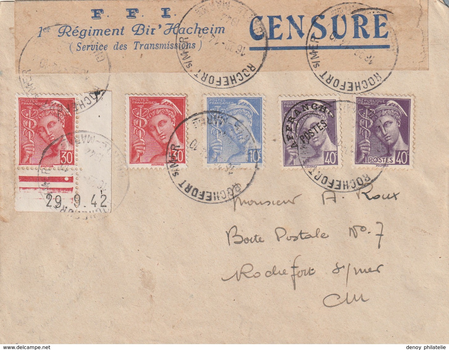 Lettre De Rochefort Charente Avec Bande Censure FFI 1 Er Régiment Bir Hacheim - Guerre De 1939-45