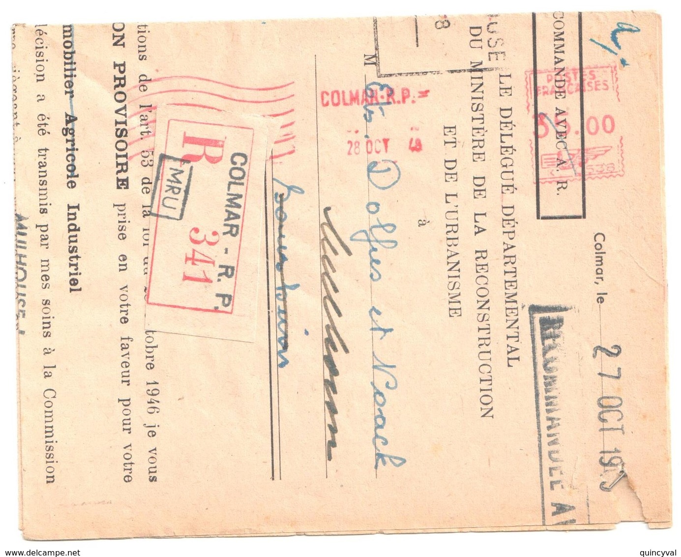 COLMAR RP Lettre Recommandée 28 10 1948 EMA Postes Françaises K Dest Sausheimb Ob Hexa Pointillé - EMA (Printer Machine)