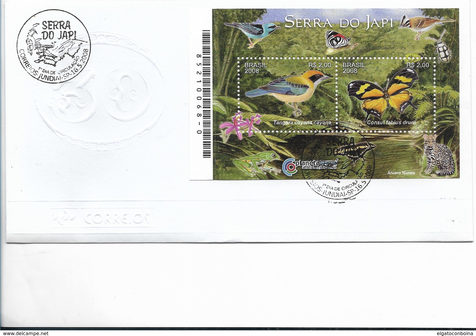 BRAZIL 2008 FDC SERRA DO JAPI SCOTT 3049 SS ON FDC FAUNA BIRDS BUTTERFLIES FAUNE, OISEAUX, PAPILLONS - Costa Rica