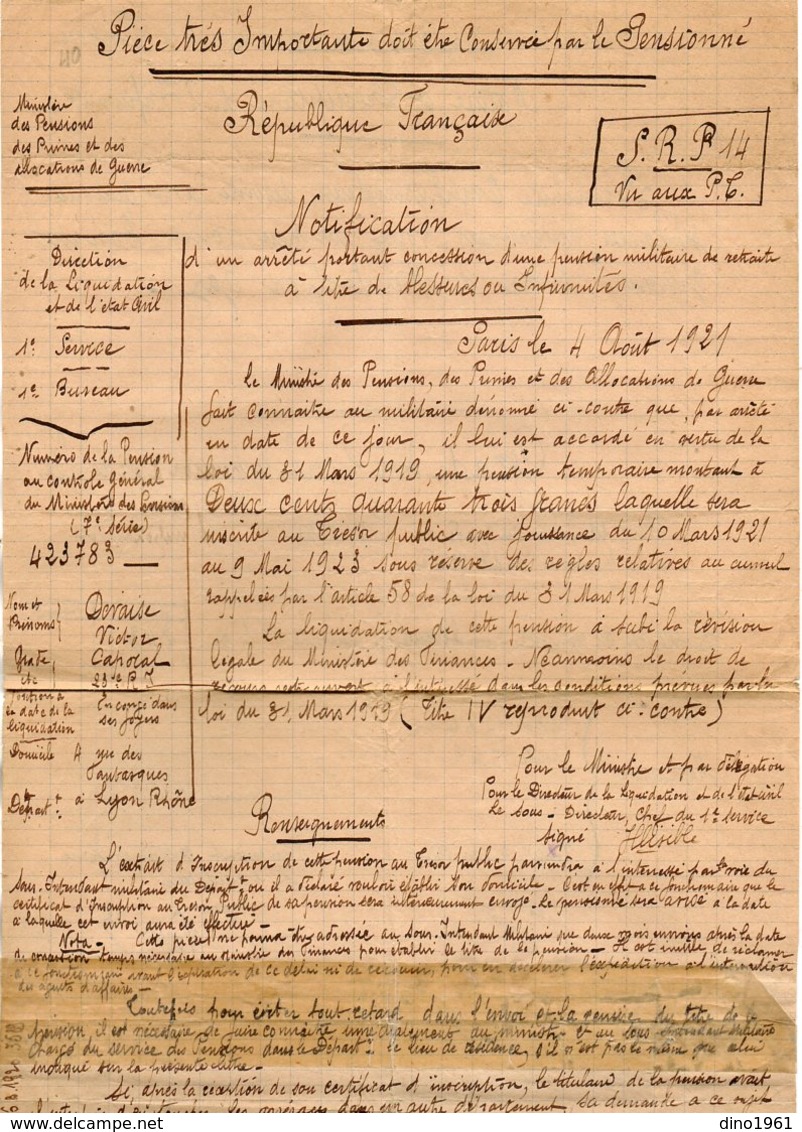 VP13.335 - MILITARIA - COLOMBES 1939 X PARIS 1921 - Notification Ancien Caporal DEVAISE Du 23è Rgt D'Infanterie à LYON - Documents