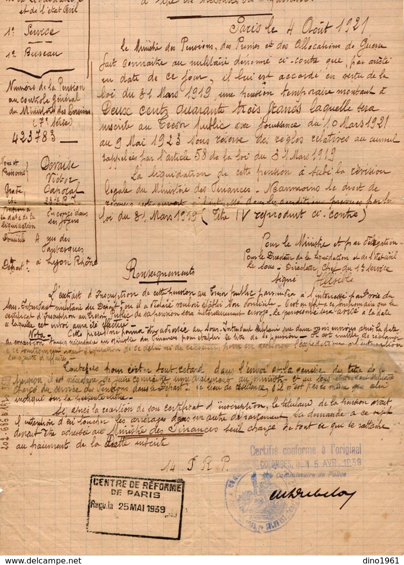 VP13.335 - MILITARIA - COLOMBES 1939 X PARIS 1921 - Notification Ancien Caporal DEVAISE Du 23è Rgt D'Infanterie à LYON - Documenti