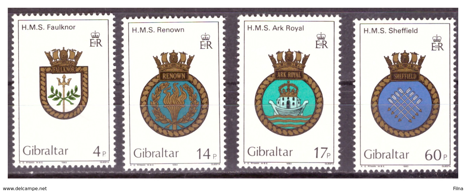 GIBRALTAR -  1983 - ROYAL NAVY'S  CRESTS. 2ND SET. COMPLETE SET. FIRST VALUE HAS A CREASE. - MNH** - Gibraltar