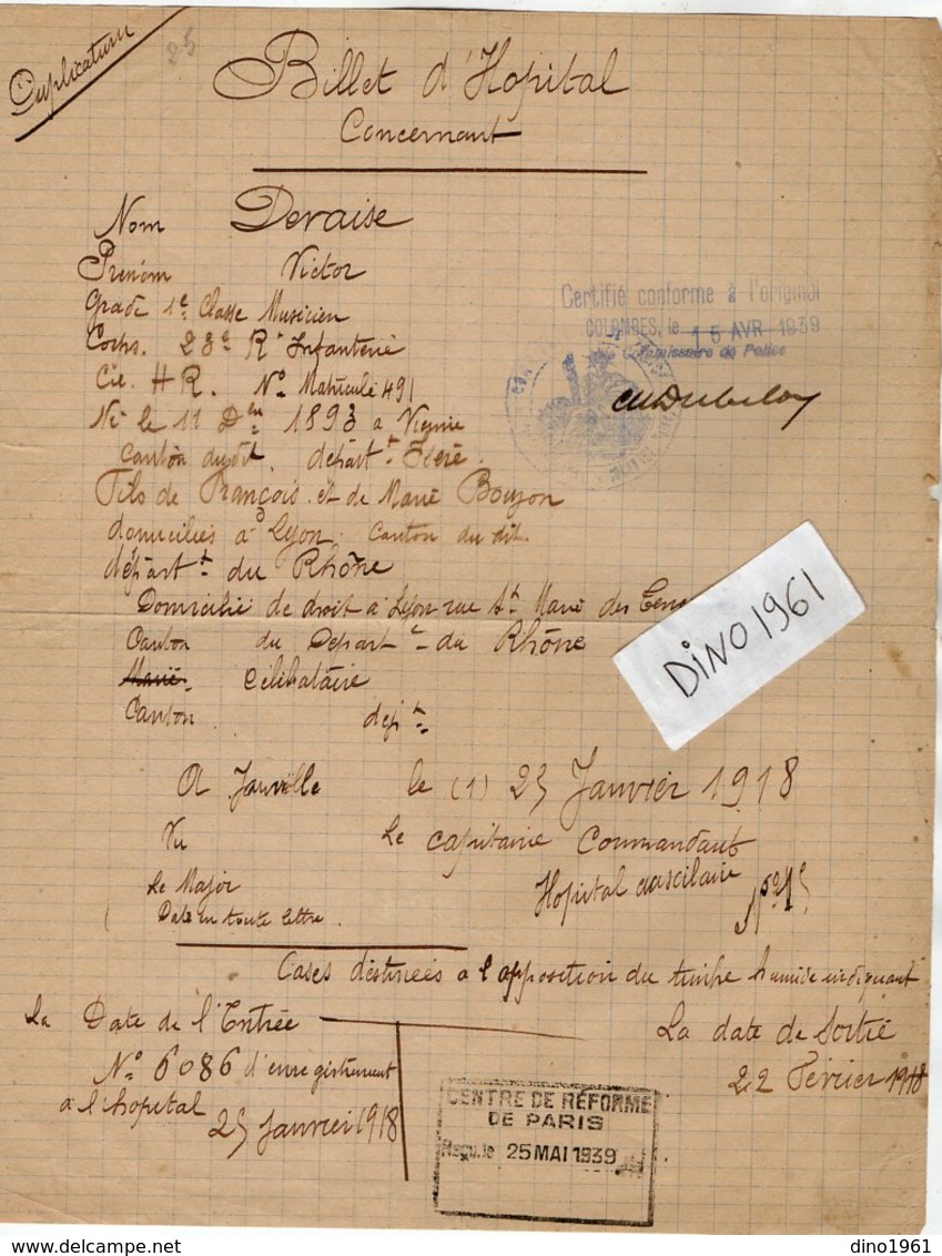 VP13.336 - MILITARIA - COLOMBES 1939 X JANVILLE 1918 - Billet D'Hopital Soldat DEVAISE Du 23è Rgt D'Infanterie à LYON - Documents