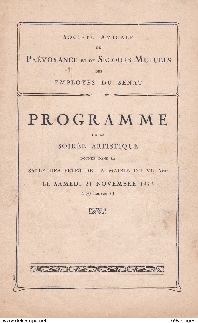 Société Amicale De Prévoyance Et De Secours Mutuels Des Employés Du Sénat, 21 Novembre 1925 - Programmes