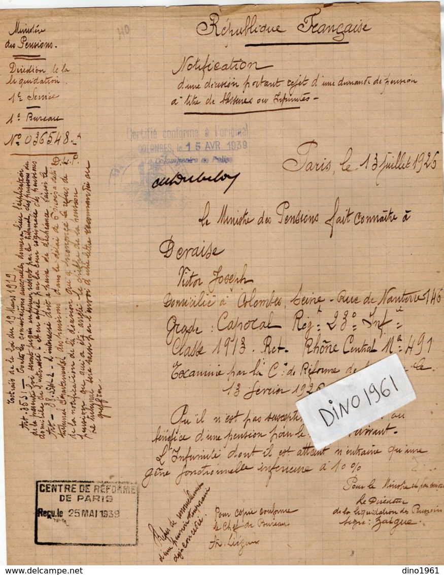 VP13.338 - MILITARIA - COLOMBES 1939 X PARIS 1925 - Notification Soldat DEVAISE Du 23è Rgt D'Infanterie à LYON - Documentos