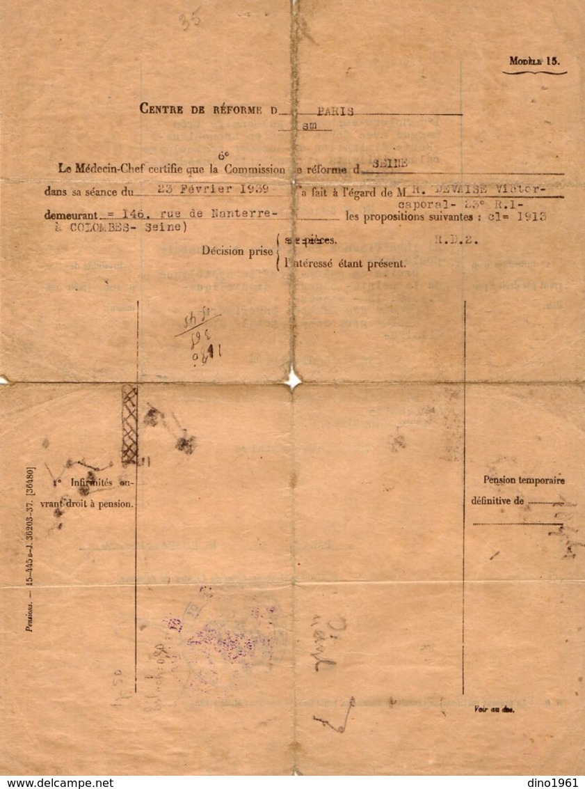 VP13.338 - MILITARIA - PARIS 1939 - Centre De Réforme - Le Médecin Chef - Soldat DEVAISE Du 23è Rgt D'Infanterie à LYON - Documents