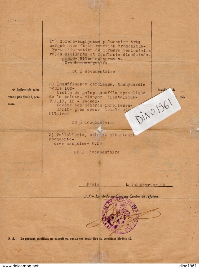 VP13.338 - MILITARIA - PARIS 1939 - Centre De Réforme - Le Médecin Chef - Soldat DEVAISE Du 23è Rgt D'Infanterie à LYON - Documents