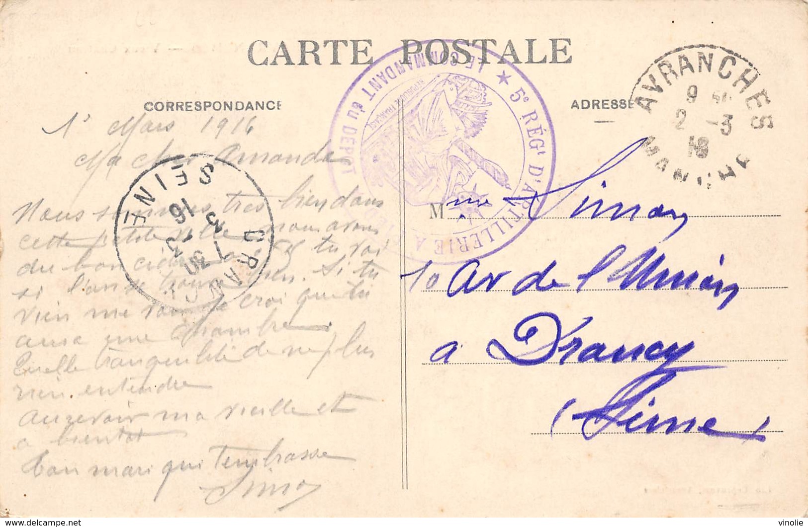 PIE-Arg-18-6593 :  CACHET FRANCHISE MILITAIRE. 5° REGIMENT D'ARTILLERIE A PIED. CARTE POSTALE D'AVRANCHES. MANCHE - WW I