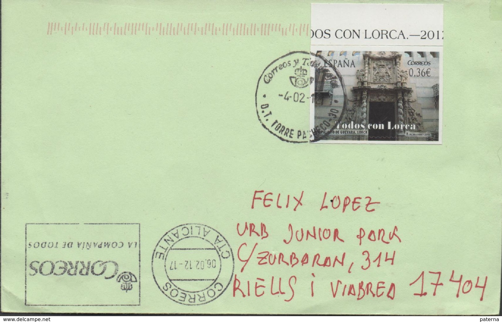 3340  Carta  Alicante 2012, Fechador Torre  Pacheco  Murcia , Sello Todo Con Lorca - Lettres & Documents